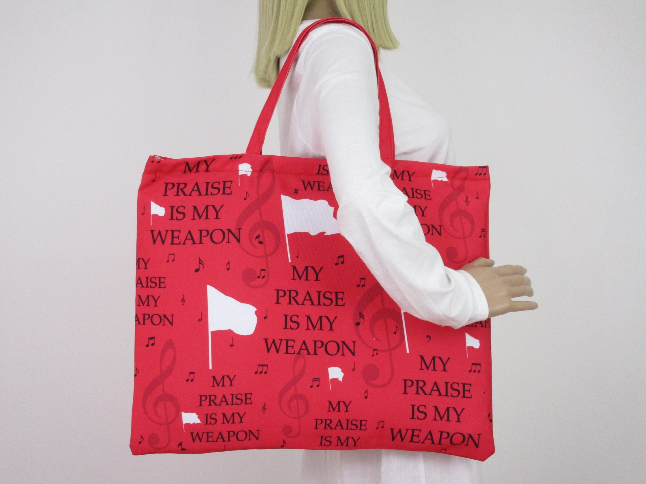 My Praise is My Weapon Red Zipper Large Tote Bag